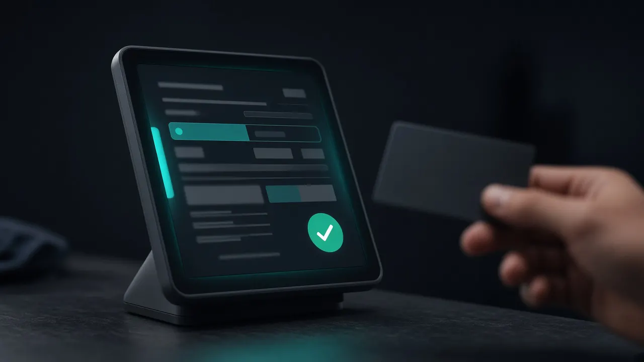 Terminal de punto de venta confirmando una factura electrónica mientras el cliente paga con tarjeta