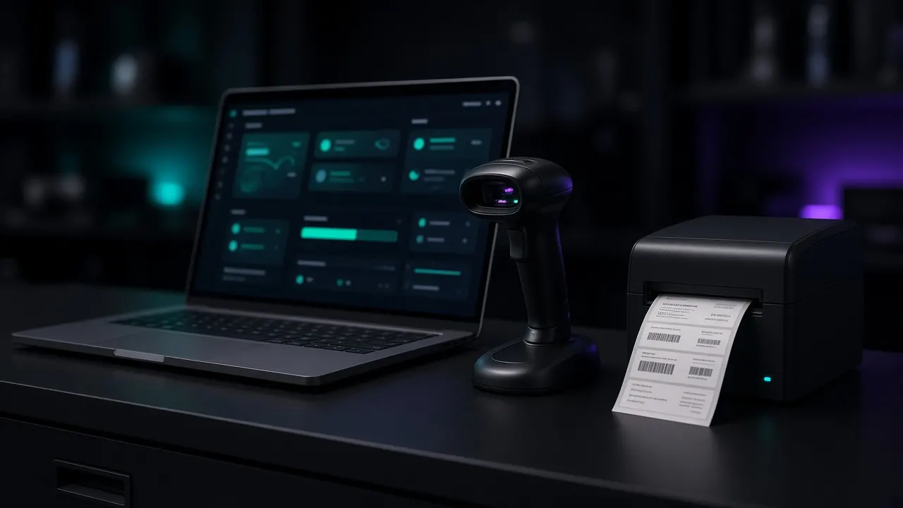 Notebook con el sistema Punto actualizándose junto a un lector de códigos y una impresora de etiquetas de góndola