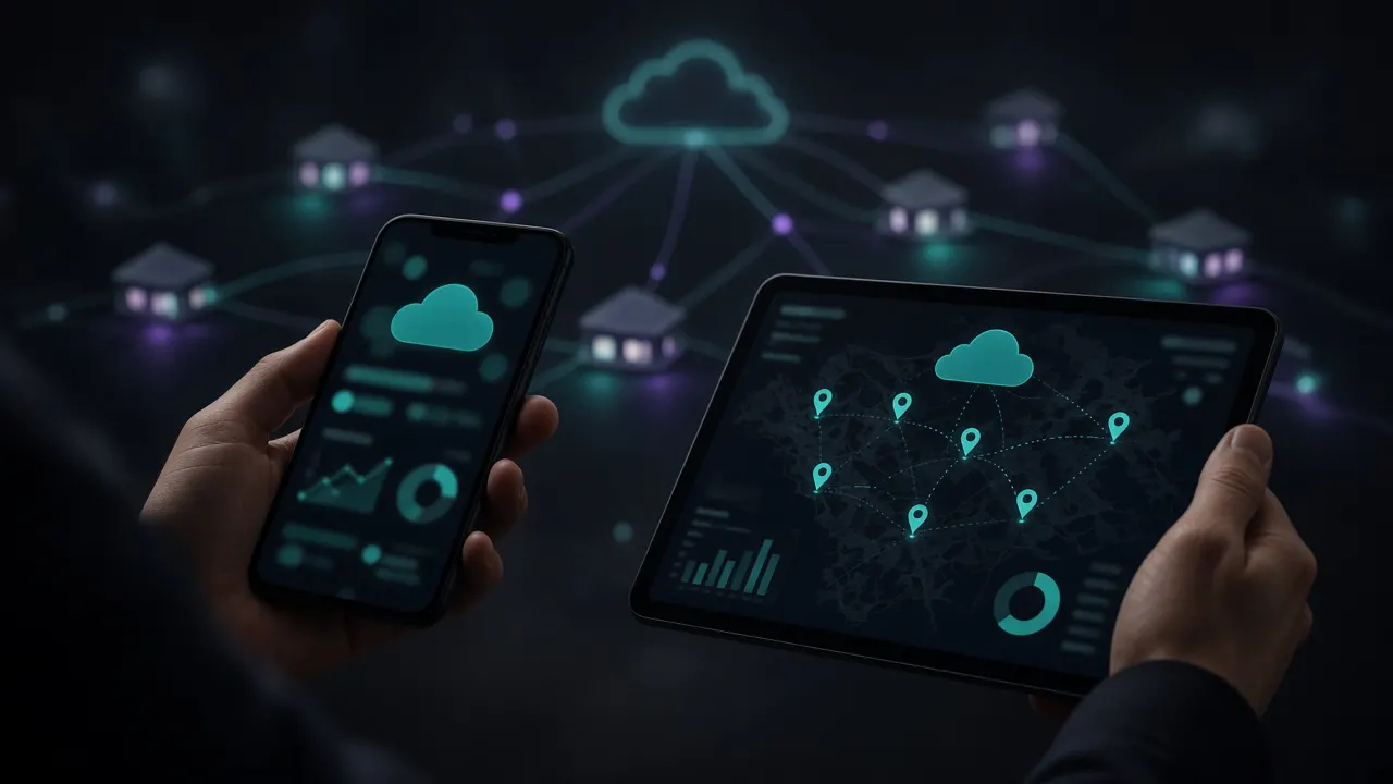 Celular y tablet con el panel en la nube de Punto Manager mostrando varias sucursales conectadas