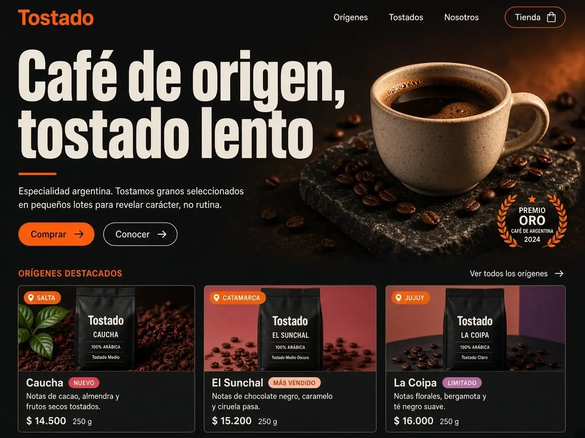 Ejemplo de diseño de página web: sitio de una tostadora de café con foto de producto y tienda online